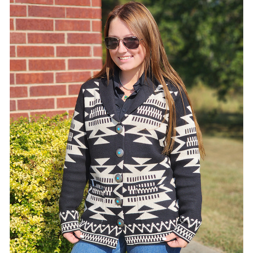 Black & Ivory Aztec Cardigan, Featuring eye-catching turquoise concho buttons