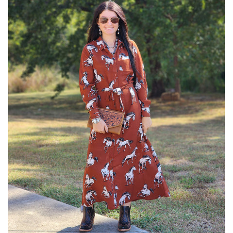 Rust colored tie waste button front dress with white horse print