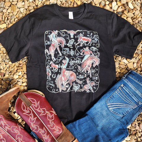 Black tee with fun vintage punchy cowboy print 