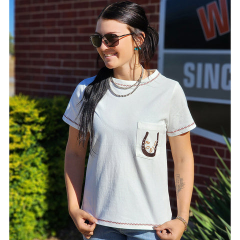 White Tee with zig zag embroidery on the hems and Rodeo embroidered on the pocket 