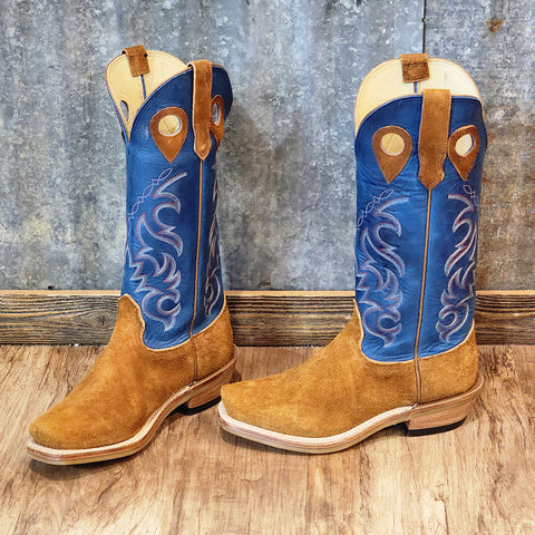 brown roughout boots with sky blue tops 