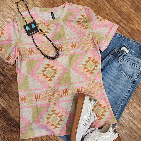 light weight tee with Aztec print in tan, pink & Peach colors 