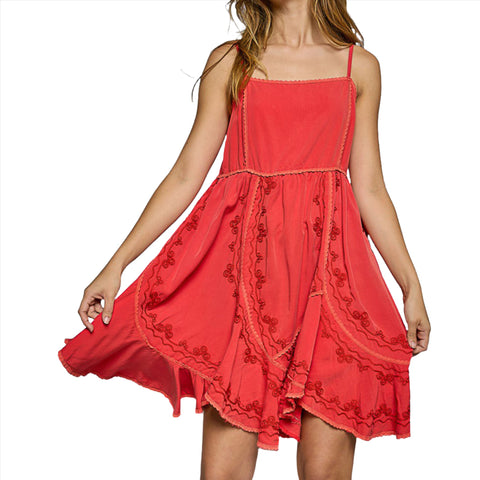 Red Embroidered Sleeveless Mini Dress