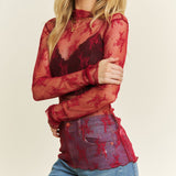 Sweet Generis Mesh Lace High Neck Fitted Long Sleeve