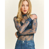 Sweet Generis Mesh Lace High Neck Fitted Long Sleeve