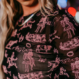 Women's Black & Pink Western Scene Mesh Shirt