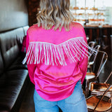 Women's Hot Pink Satin & Fringe Long Sleeve Shirt