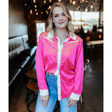 Women's Hot Pink Satin & Fringe Long Sleeve Shirt