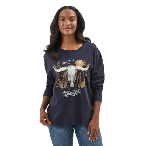 Long Live Cowboys Navy Long Sleeve Tee with Skull Graphic