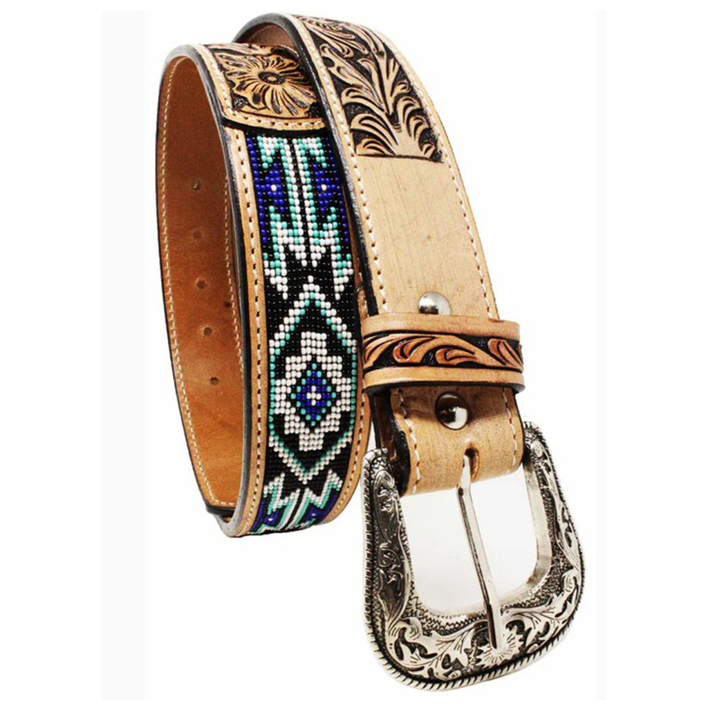 Men's Western Antique Floral Tooled Beaded Belt from Challenger Horse Wear 