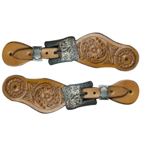 Youth size floral tooled spur straps with engraved antiqued brass buckles