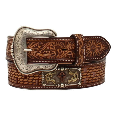 3D Men's Floral tooled Belt with Rectangle Cross Conchos by M&F