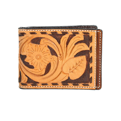 M&F Buckstitch Tooled Leather Bifold Spring Money Clip