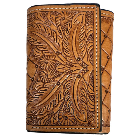 Tan Diamond Weave Feather Tooled Trifold Wallet by Twisted X