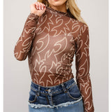 Dark Brown Boot Stitch Mesh Long Sleeve