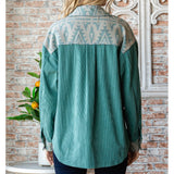 Veveret Women's Teal Corduroy Aztec Shacket