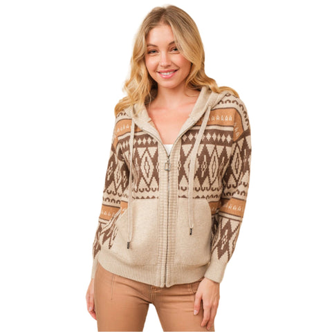 Blue B Women's Brown Aztec Zip Up Hooded Sweater Jacket