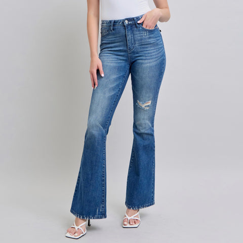 High Waisted Contrast Wash Destroy Flare Jeans