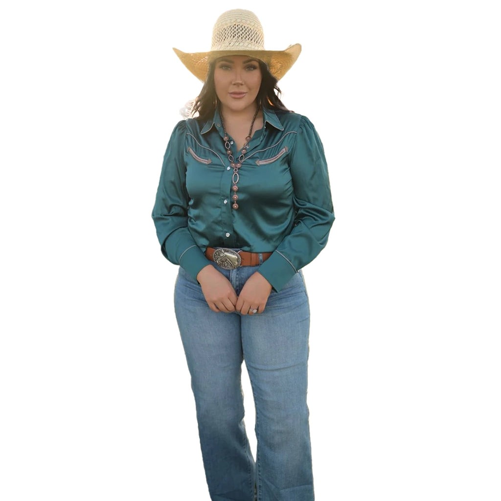 Howdy Hanny Teal Satin Arrow Pearl Snap Long Sleeve