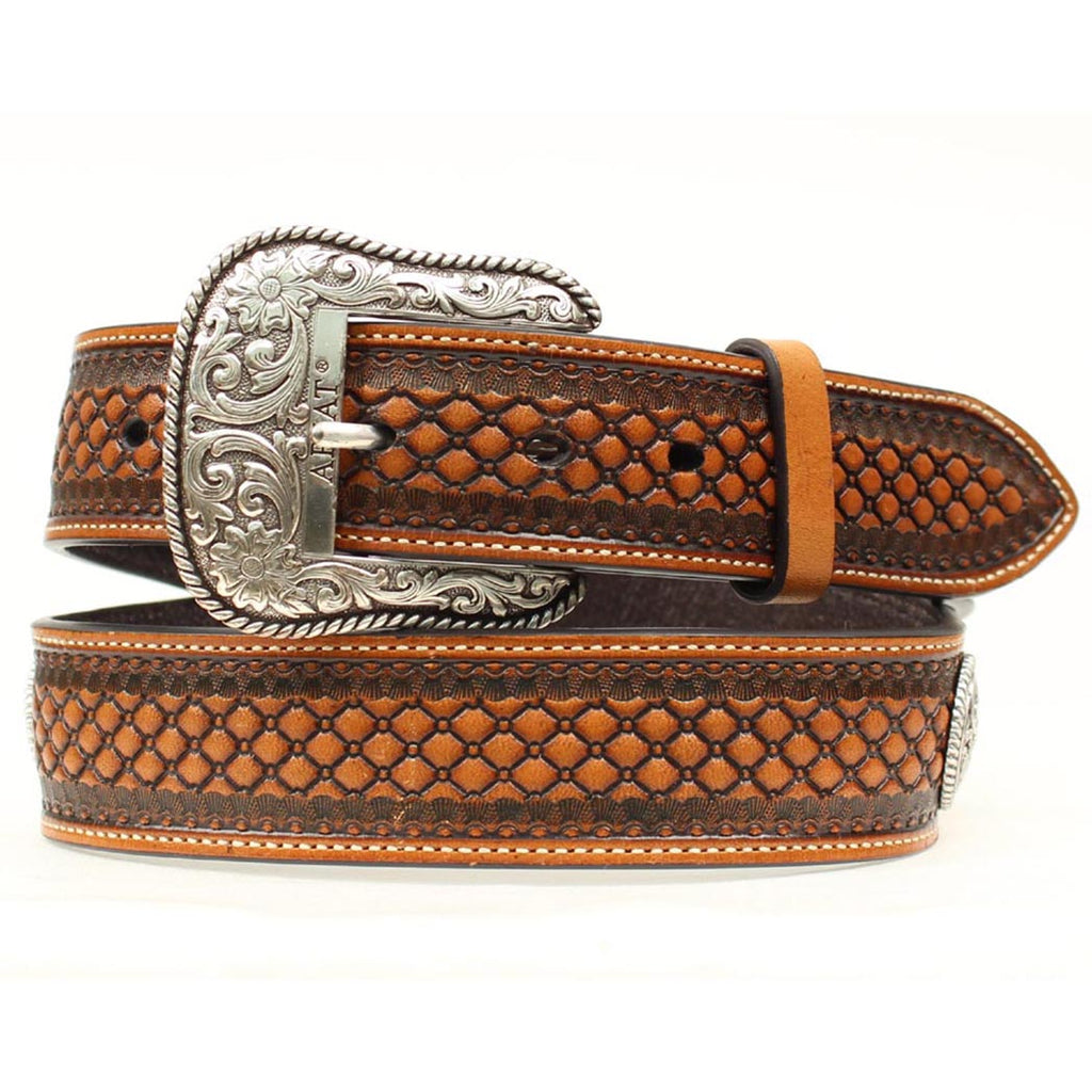 Tooled Ribbon Inlay Leather Belt by M&F