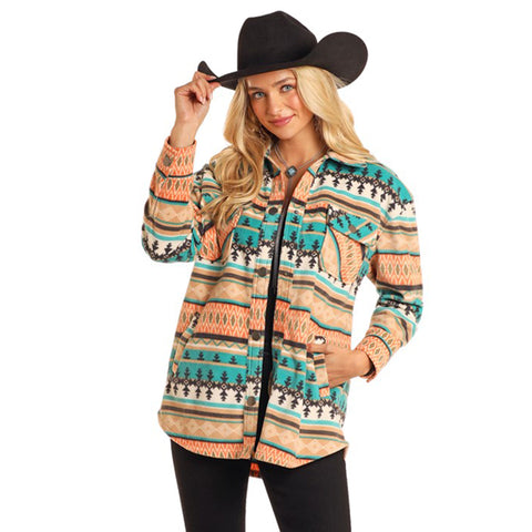 Turquoise/Coral Aztec Shacket with Side Pockets Snap Closure