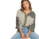 Umgee USA Women's Dobby Stripe Color Block Long Sleeve