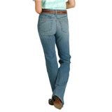 SKYLAR medium stonewash Jeans with hand sanding, whiskers, chevrons, pin tucked back pockets, and a kick-slit,