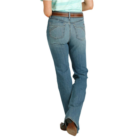 SKYLAR medium stonewash Jeans with hand sanding, whiskers, chevrons, pin tucked back pockets, and a kick-slit,