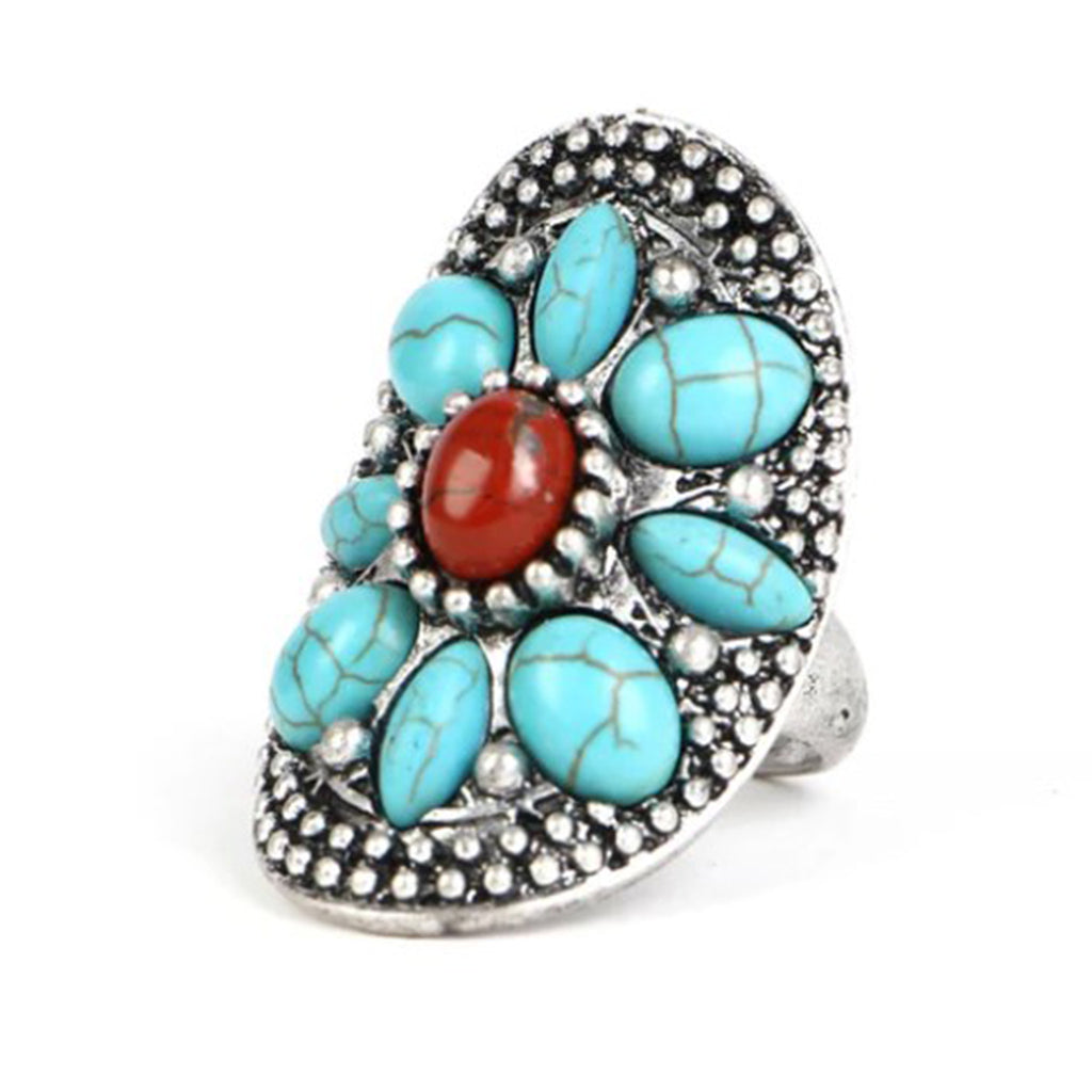 And West Flower Turquoise & Red Stone Ring