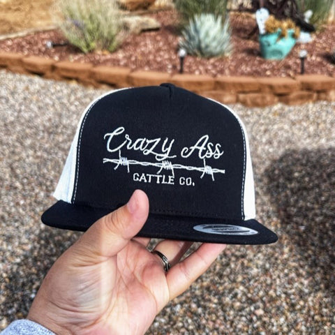 Black and White Snapback with White Stitched Crazy Ass Cattle Co, with Barbwire