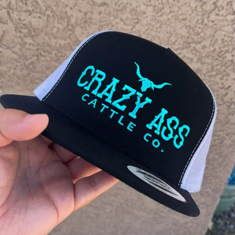 Black Snap Back with Crazy Ass Cattle Stitched in Turquoise