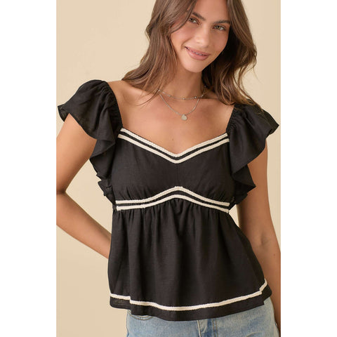 Black Ruffle Sleeve Peplum Blouse With Rope Embroidery Trim Detail