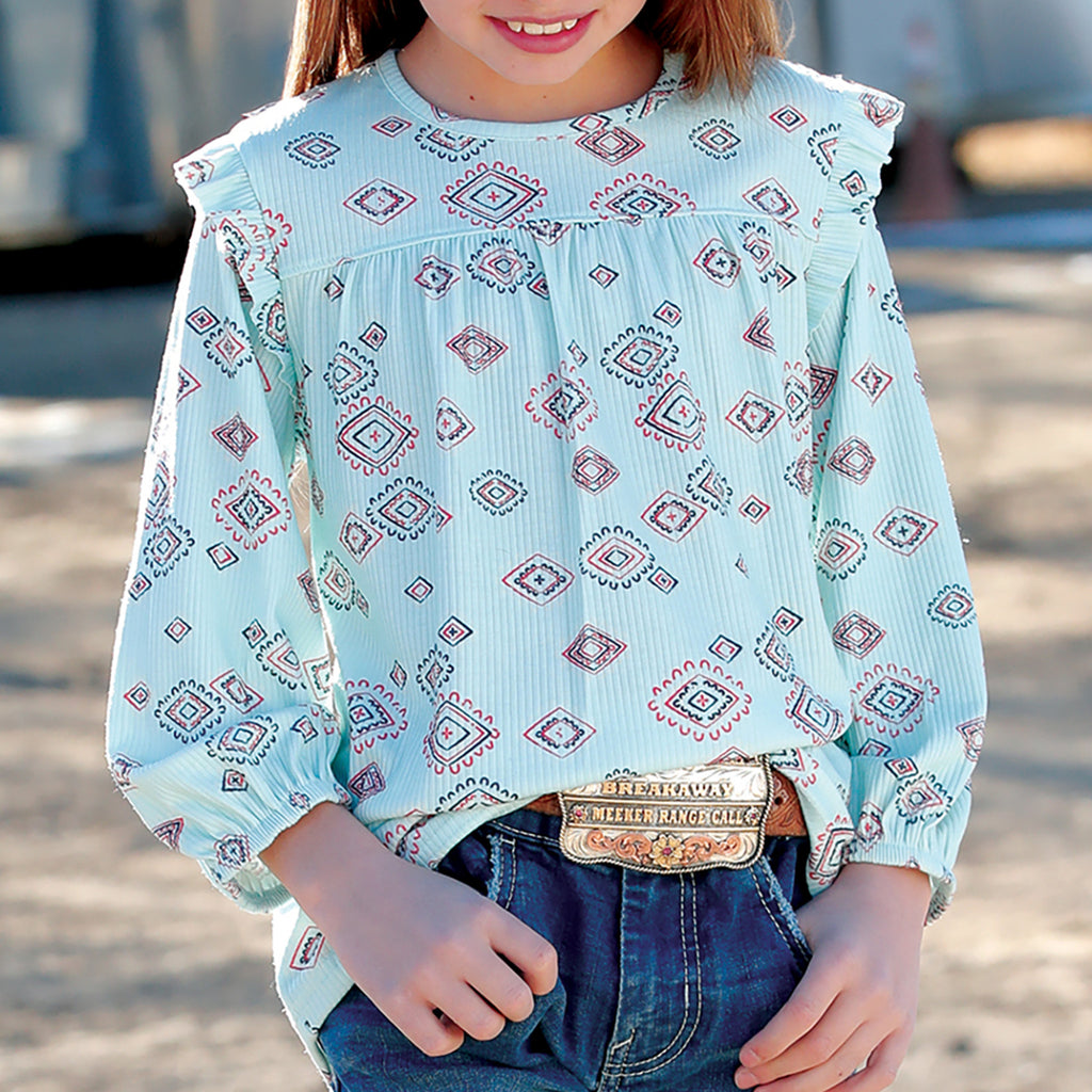 Light Blue Printed Rib Knit Long Sleeve Top