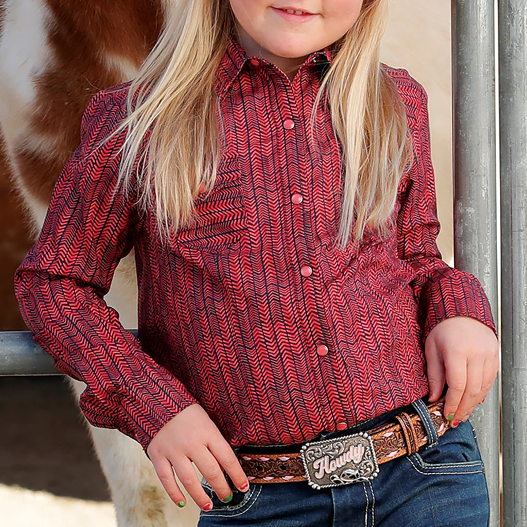 Girl's Pink and Black Print Long Sleeve Snap Shirt