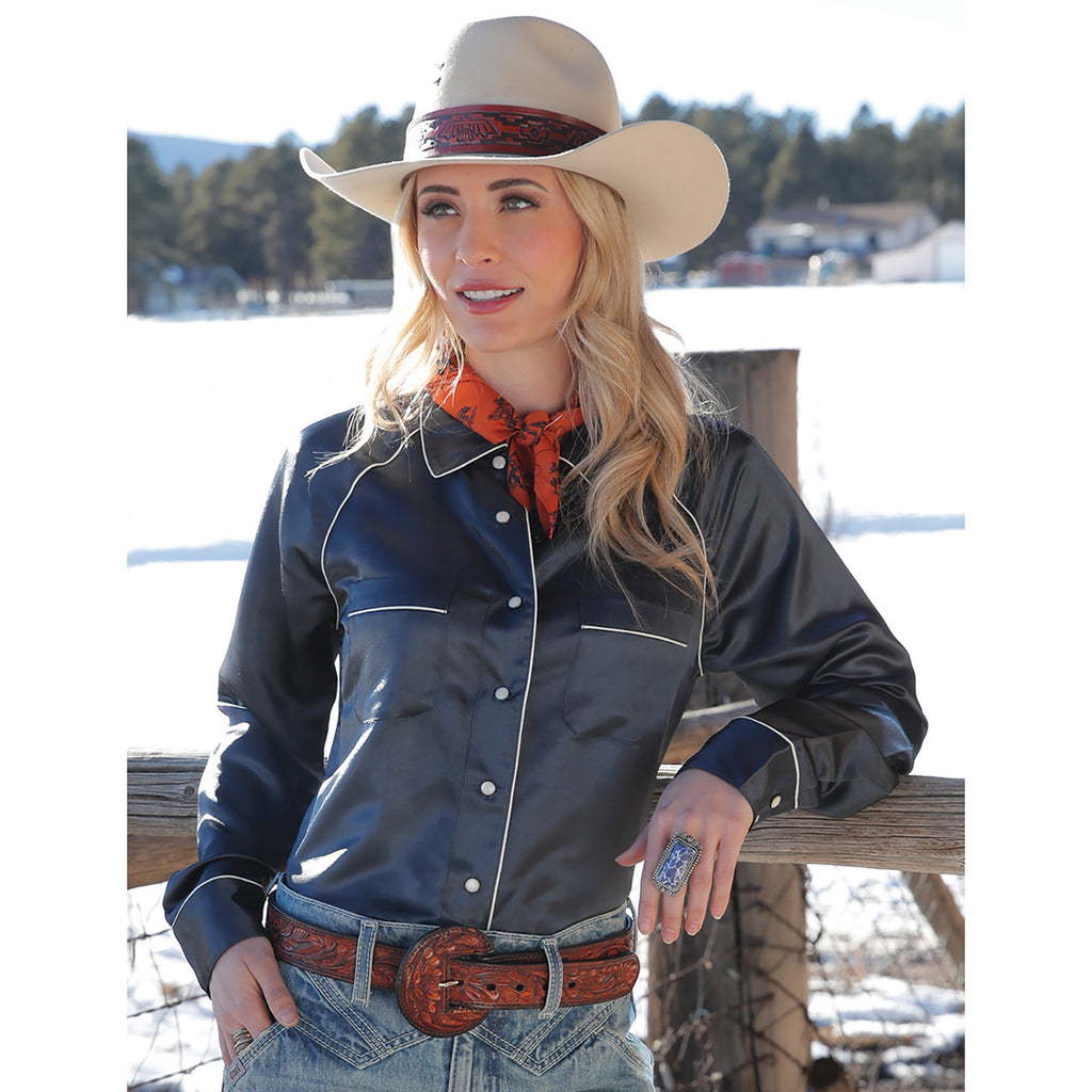 Navy Satin Western Shirt with Snaps and Two Chest Pockets