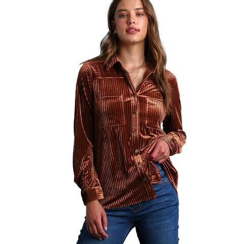 Umgee USA Women's Velvet Textured Button-Down Long Sleeve Shirt