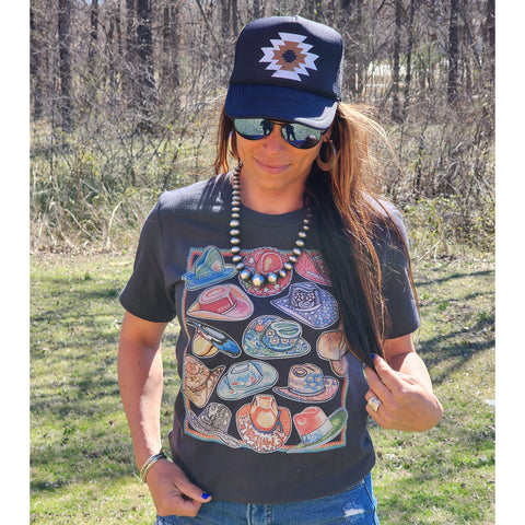 Colorful cowboy hat design on a dark grey short sleeve t shirt.