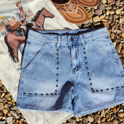 Stonewashed Shorts with Studs on pockets.