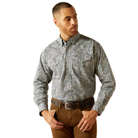 Khaki Floral Long Sleeve Shirt with Snaps and Two Pockets