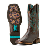 Ariat Women's Brown/Turquoise Square Toe Leopard Bottom Boots