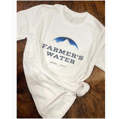 white t shirt with farmer water logo on front