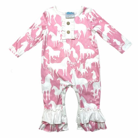 Pink Long Sleeve Romper with White Horses