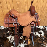 Right view of the saddle showing the matching complete back cinch and the overall beauty of the saddle 