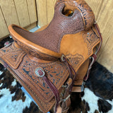 Overview of the pencil roll seat and the antique finish to the saddle