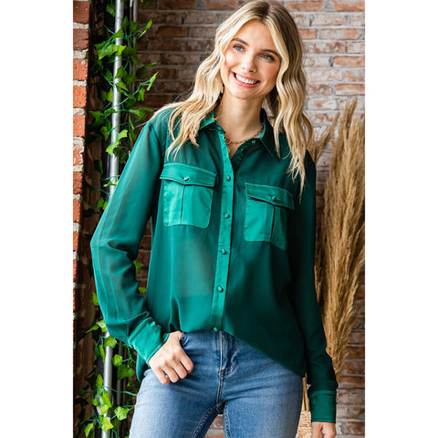 First Love Women's Hunter Green Sheer Pocket Long Sleeve