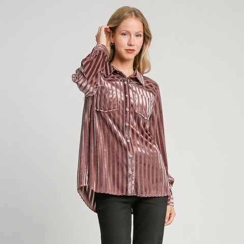 Solid Mauve Velvet Striped Long Sleeve Button-Down with Two Chest Pockets