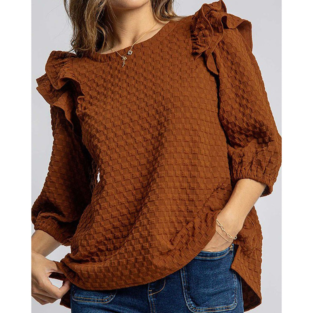 Cinnamon Waffle Textured Shirt Ruffle Shoulders 3/4 Length Sleeves