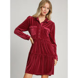 Berry Long Sleeve Striped Velvet Dress/Two Chest Pockets Button Top