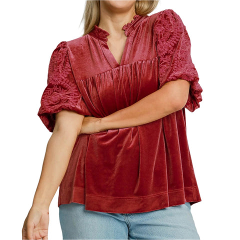 Rose Velvet Floral Bubble Sleeve Shirt