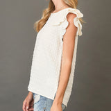 Solid Cream Waffle Textured Short Ruffled Sleeve Shirt